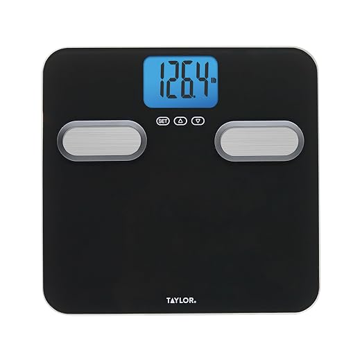 Taylor Smart Body Composition Scale with Precision Hub App, Digital Bathroom Scale for Body Weight, Body Fat, Water, Muscle Mass & BMI, 400 lb Capacity, Backlit Display, Glass Platform, Black
