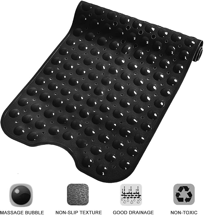 Bathtub and Shower Mats, Extra Long Non-Slip Bath Tub Mat 39 x 16 Inch, Machine Washable Bathmat with Suction Cups & Drain Holes for Bathroom Floor, Black