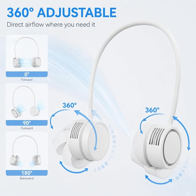 Neck Fan, Portable Bladeless Neck Fans, 4000mAh Foldable Rechargeable Bladeless Fan, 3 Speeds & Enhanced Cooling Power, Hands-Free USB Personal Fan for Men, Women, Outdoor, Travel, Ideal Gift(White)