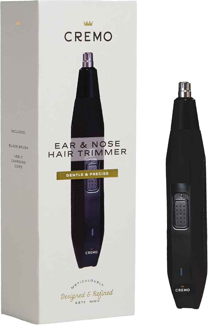 Cremo Nose & Ear Hair Trimmer for Men, USB-C Cordless Eyebrow Trimmer | Rotary stainless steel blades for nose, ear & eyebrow detailing. IPX5 wet/dry, USB-C rechargeable. For men & women.