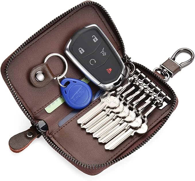 WESTONETEK Unisex Mens Womens Premium Leather Car Key Holder Bag Keychain Case Wallet with 6 Hooks Zipper Closure