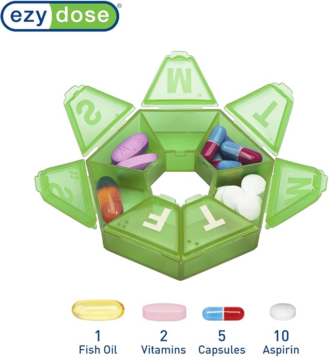 EZY DOSE 7-Day Weekly Pill Organizer, Daily Medicine Container and Vitamin Planner, Round Supplement Case, Compact Travel Friendly, Portable Storage Sorter, 7-Sided Circle, Green, BPA Free