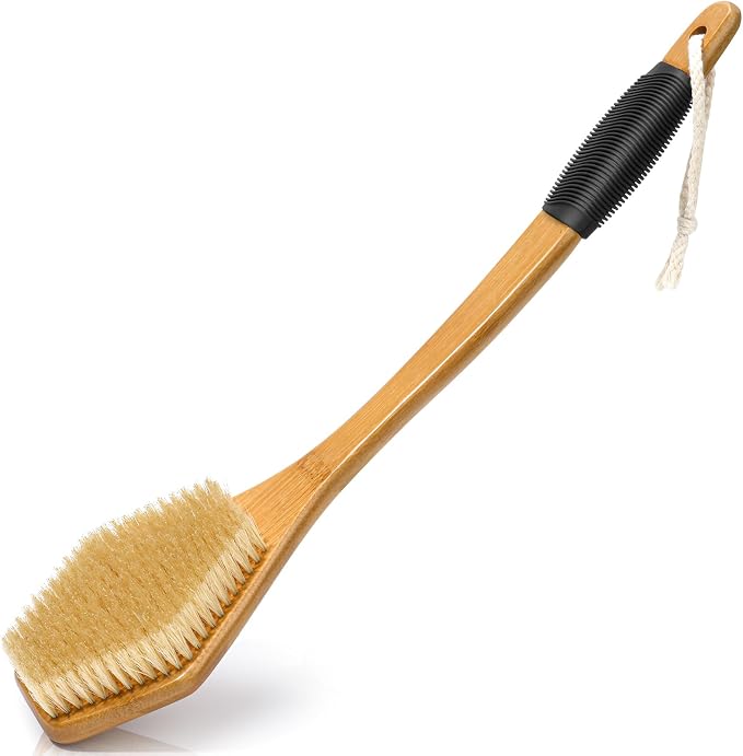 eaxun 17.5 Inches Bamboo Back Scrubber for Shower with Curved Long Handle | Natural Boar Bristles, Shower Brush with Anti-Slip Grip, Exfoliating Back Washer for Bath or Dry Brushing, Men & Women