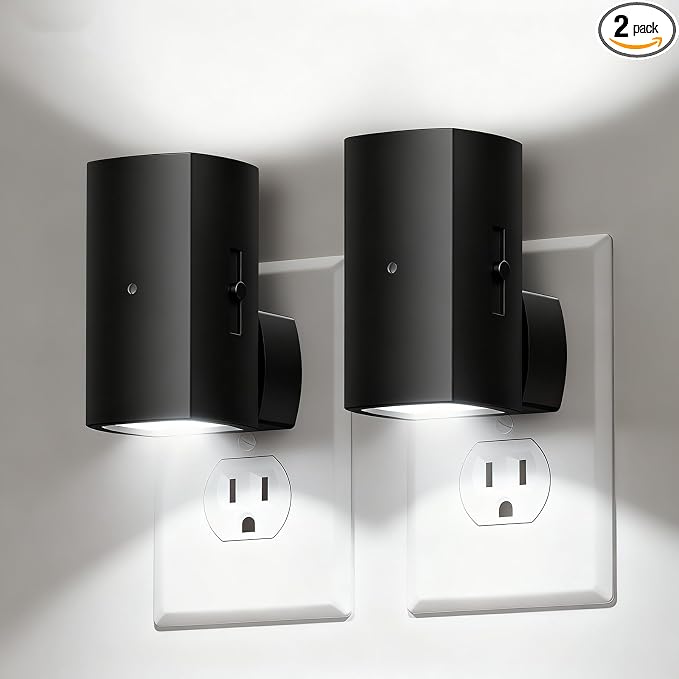 Brightown BL-WM-Square-Black-PW-2PC | Modern Night Light with Rotating Plug, Dusk to Dawn Sensor, 0-100LM Stepless Dimming Night Light for Hallway Bedroom Bathroom