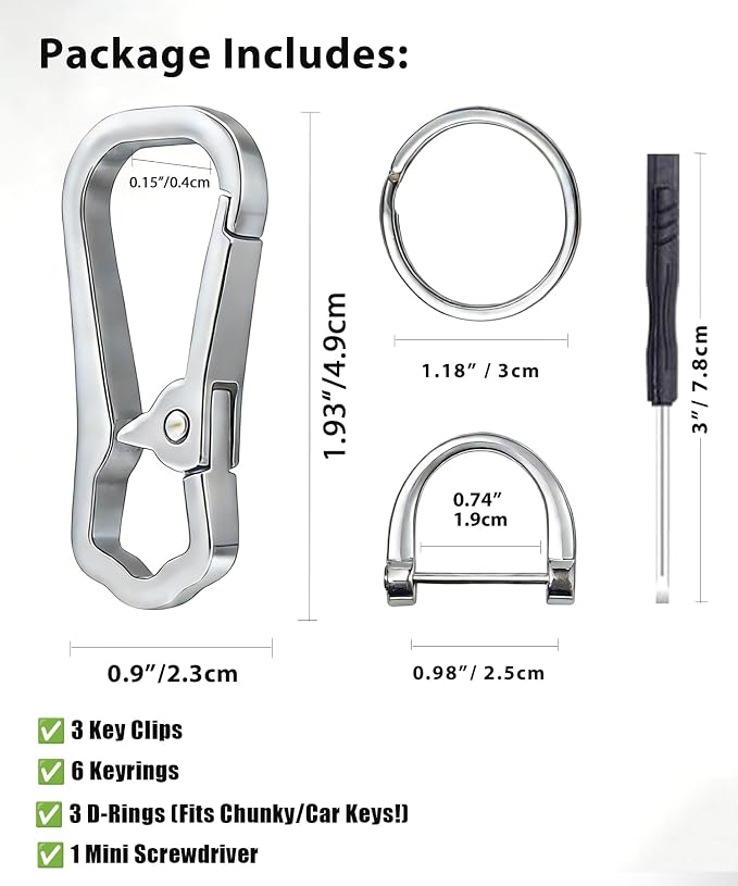 Metal Key Chain Carabiner Clip with Key Ring and D Ring | Heavy duty build, full accessory packs, quick release, multi purpose hook, belt loop holder, separate home and car fob sets