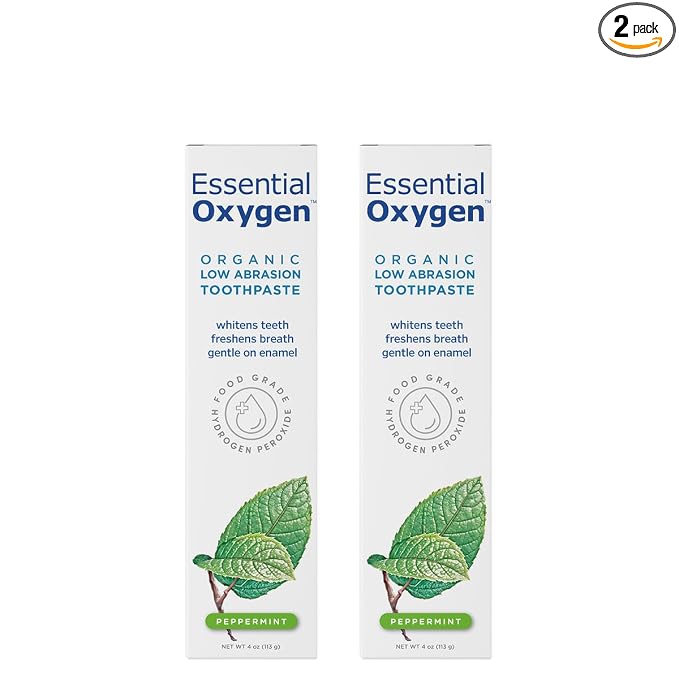 Essential Oxygen BR Certified Organic Toothpaste, for Whiter Teeth, Fresher Breath, Happier Gums, Tooth Sensitivity, Peppermint, 4 Ounce, 2 Count