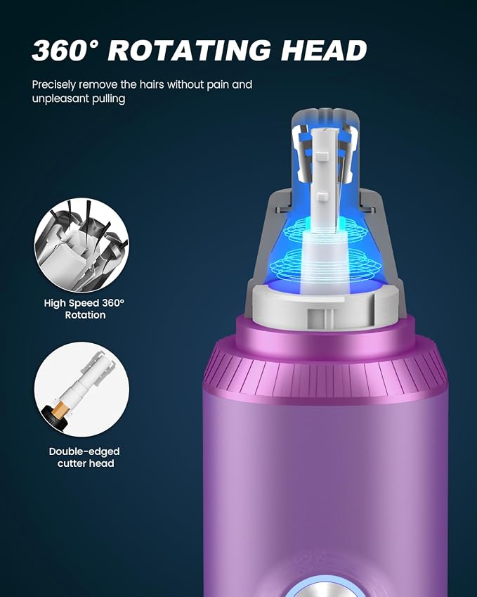 Ear and Nose Hair Trimmer for Men and Women, Painless USB Rechargeable Electric Facial & Eyebrow Hair Remover with LED Display, Dual-Edge Blades for Smooth,13000 RPM Motor IPX7 Waterproof (Purple)