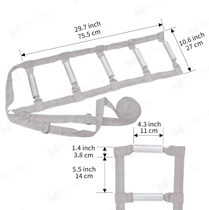 Munzong Bed Ladder Assist 160 Inch, Grey Pull Up& Sit Up Assist Device, Assistive Bedside Straps w/ 5 Handle, Portable Rope Beds Ladder Helper for Elderly Senior Injury Handicap Patient Pregnant(4 m)