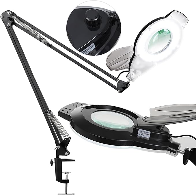 10X Magnifying Glass with Light and Stand, NUEYiO 2200 Lumens Stepless Dimmable LED Magnifying Lamp, 4.2" Real Glass Lens, Adjustable Swing Arm Lighted Magnifier Lamp for Repair, Crafts, Workbench