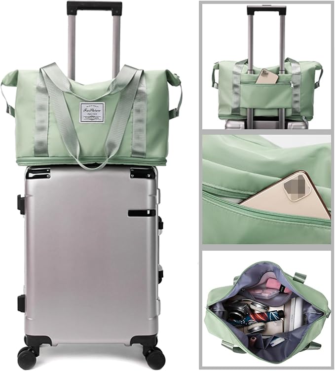Large Capacity Folding Travel Bag, Lightweight Waterproof Luggage Bag, Expandable Travel Duffel Bag, Dry Wet Separated Gym Tote Bag, Weekender Overnight Bags for Women and Man (Light Green)