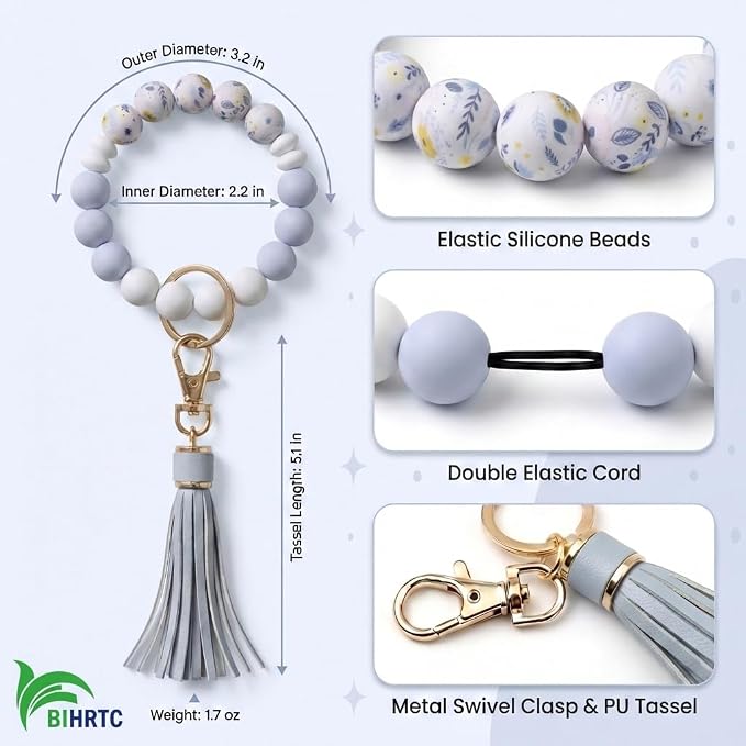 BIHRTC Key Ring Bracelet Car Keychain Holder Wristlet Silicone Women Beaded Bangle Chains