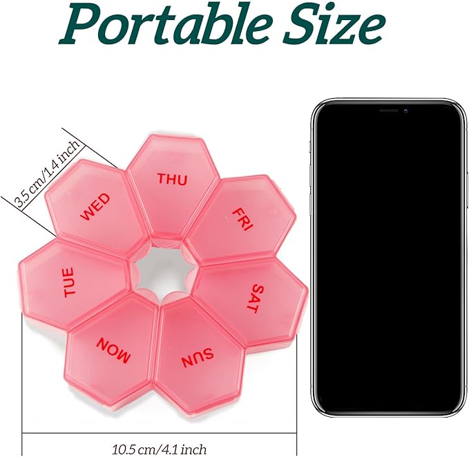 7-Day Weekly Pill Organizer and Daily Vitamin Case - Pill Box for Medication Management (Pinkish-red)