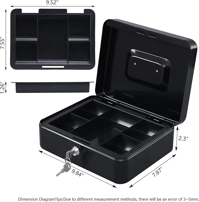 KYODOLED Large Cash Box with Removable Money Tray, Key Lock Metal Storage Box with 2 Keys & Portable Handle, Safe Cash Drawer, 9.84"x 7.87"x 3.54", Black Large