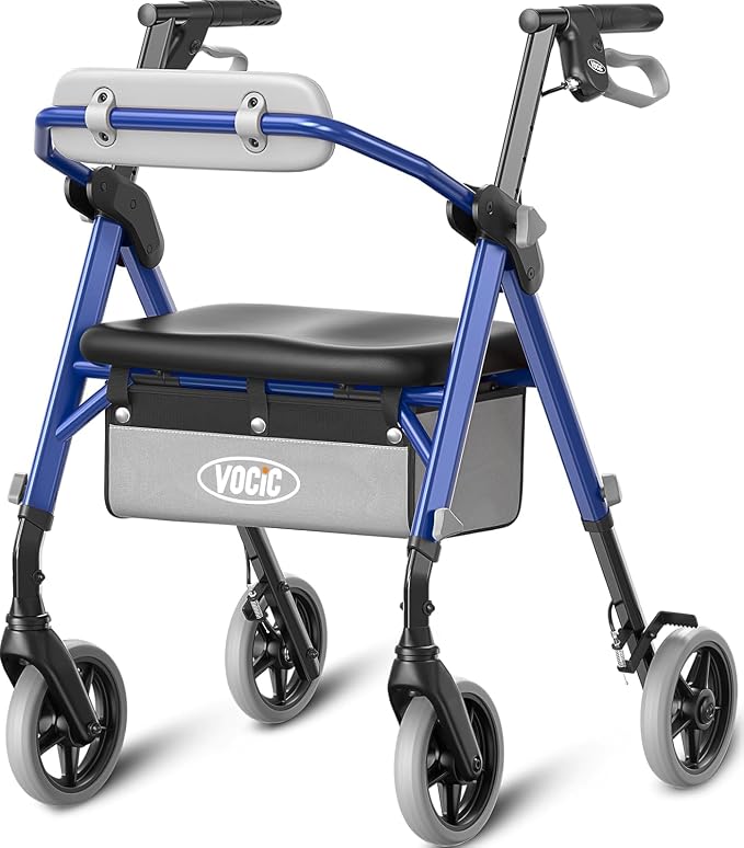 VOCIC Z11 Rollator Walker for Seniors with Seat, 380 LBS | Lightweight Design with Ergo Seat & Backrest, Height Adjustable & Easily Foldable for Seniors' Mobility, Blue