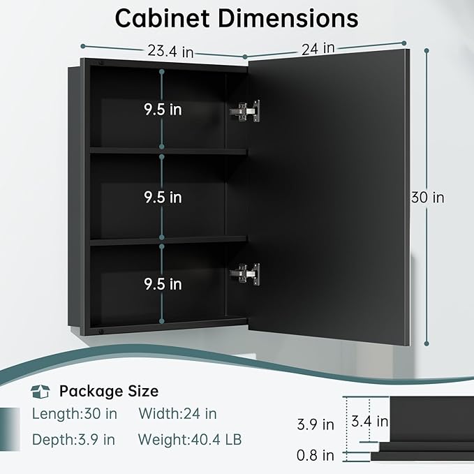 24" x 30" Metal Framed Medicine Cabinet, Bathroom Medicine Cabinet with Mirror, Adjustable Shelves, Tempered Glass Design, Recessed Mirrored Medicine Cabinets for Storage,Black