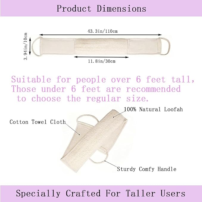 Natural Loofah Back Scrubber, 43.3" Extra-Long, 1 Pack | Dual Sided Exfoliating Washcloth with Cotton Handles, Back & Body Scrubber for Shower, Women & Men, Travel-Friendly Spa Gift