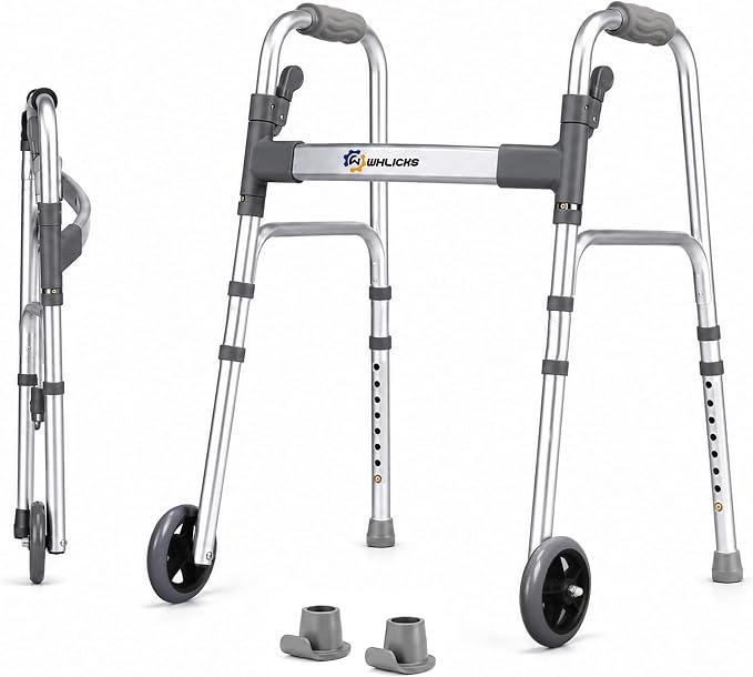 WHLICKS Standard Walkers for Seniors with 2 Skis and 5" Wheels | Folding Walker with 8 Height Adjustment, Lightweight Aluminum Frame, Easy to Assemble and Storage, Supports 300 lbs