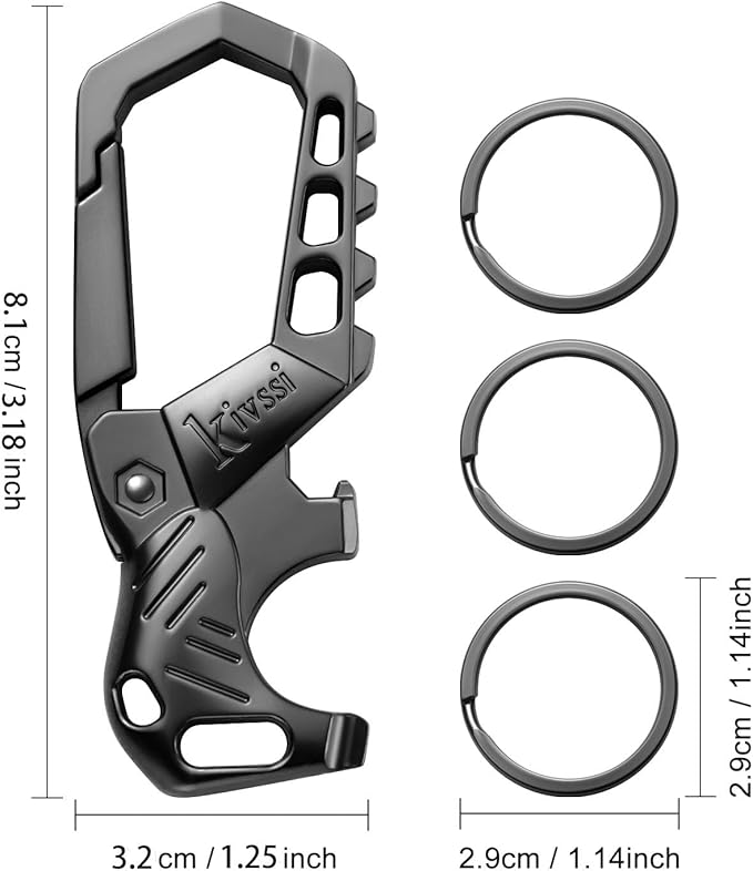 Kivssi Heavy duty metal keychains, Carabiner clip Car key chains,Fashion family keychain bottle opener and 3 Key Rings suitable for men and women.（Black-1pcs）