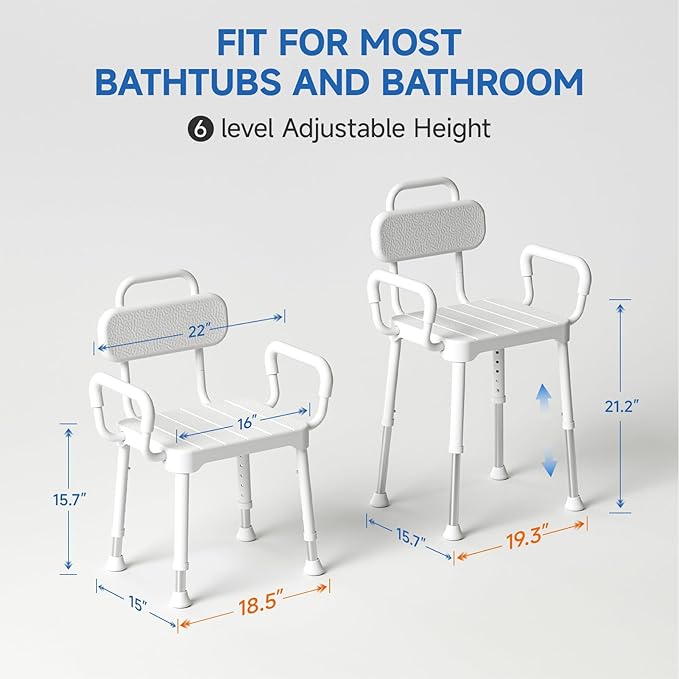Shower Chair for Inside Shower,Bath Chair with Arms and Back,Aluminum Shower Stool for Tub,Slip Resistant Shower Bench,Height-Adjustable Shower Seat with Handles for Seniors,Neutral Gray