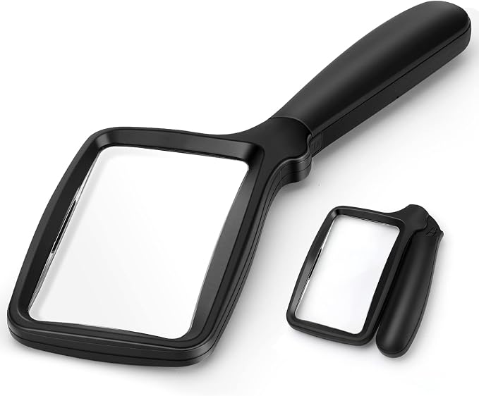 Folding Handheld Magnifying Glass with Light, 5X Large Rectangle Reading Magnifier with Dimmable LED for Seniors with Macular Degeneration, Newspaper, Books, Small Print, Lighted for Low Visions Black