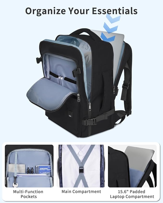 WANDF Personal Item Travel Bag, Small Travel Backpack 17x10x9 for United Airlines, 15.6" Laptop Backpack for Men Women (Black)