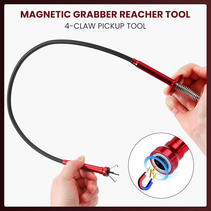 Flexible Grabber Tool, Magnetic 4-Claw Gripper (24", Red) | Mechanic Pickup Tool with Spring-Loaded Handle; for Automotive, Engine Bay, Bathroom, Kitchen, Sewers, Drain, Small Spaces