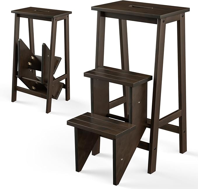 Costzon Folding 3 Step Stool, 3 in 1 Wooden Step Ladder with Handle, Non-Slip Pedal, Multifunctional Storage Shelf, Flower Rack for Kitchen, Library, Garage, Foldable Step Stool for Adults Kids