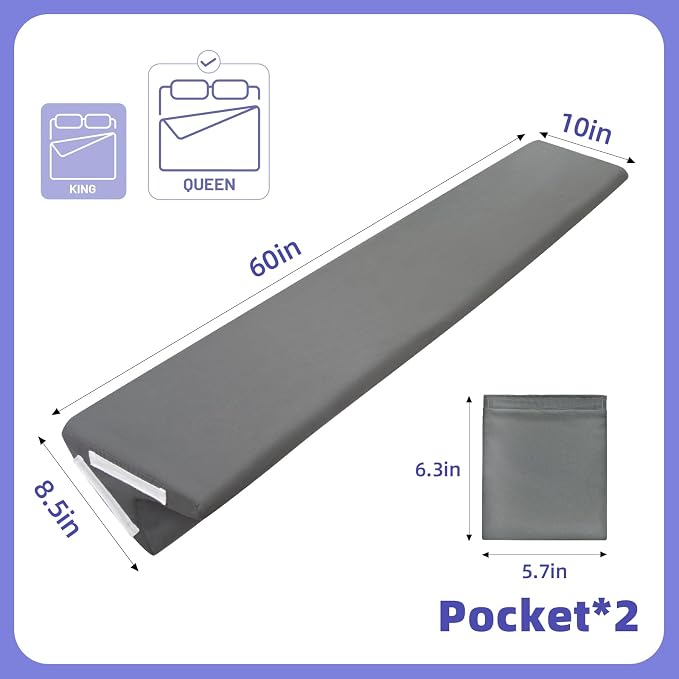 Vekkia Queen Bed Wedge Pillow for Headboard Gap, Mattress Gap Filler Pillow to Cover 0-6" Gap, Bed Wedge Gap Filler with High-Density Foam, Removable Washable Cover, Gray, 60"x10"x8.5"