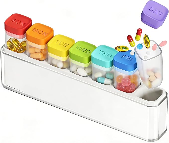 Weekly Pill Organizer 1 Time a Day, HIONXMGA Detachable Travel Pill Box 7 Day, Large Medicine Pill Case Container for Daily Medication Vitamin Supplement Fish Oil, Portable Week Pills Holder, White