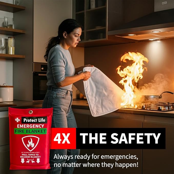 Protect Life Saving Emergency Fire Blankets 1 Pack - 40"x40", Fiberglass Fire Blanket for Home & Kitchen - Fire Suppression or Retardant Tarp - Fire Safety Kit for Car or Camping