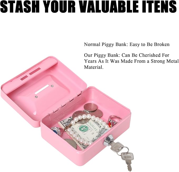 Jssmst Small Cash Box with Lock and Slot, Metal Coin Piggy Bank for Adults and Kids, Pink Locking Money Box