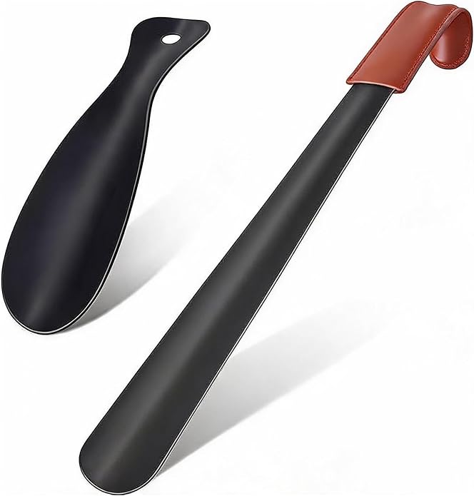 Metal Shoe Horn 2 Pack for Seniors Men,Labor-Saving & No Bending，Long Boot Jack with Grip Cover+ Short Shoe Helper