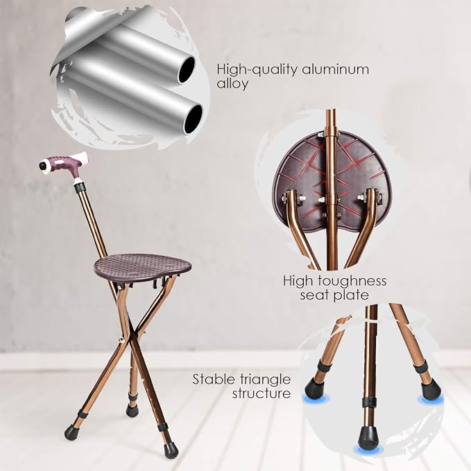 Goplus Walking Cane with Seat, Heavy Duty Aluminum Alloy Crutch Chair with LED Light and Retractable 3 Legs, Portable Anti-Slip Seat Cane, Lightweight Walking Stick for Seniors Elderly