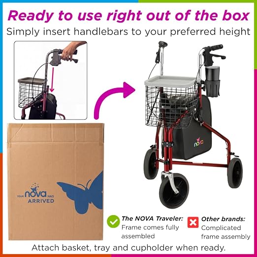 NOVA Traveler Folding 3-Wheel Walker with Tray, Basket, Pouch & Cup Holder, Lightweight Mobility Aid for Seniors & Adults, 8” All-Terrain Wheels for Tight Spaces & Travel, Red