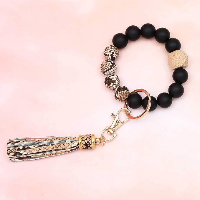 BAOSIWA Silicone Beaded Bracelet Keychain Wristlet Key Ring Bangle Chains for Women with Leather Tassel