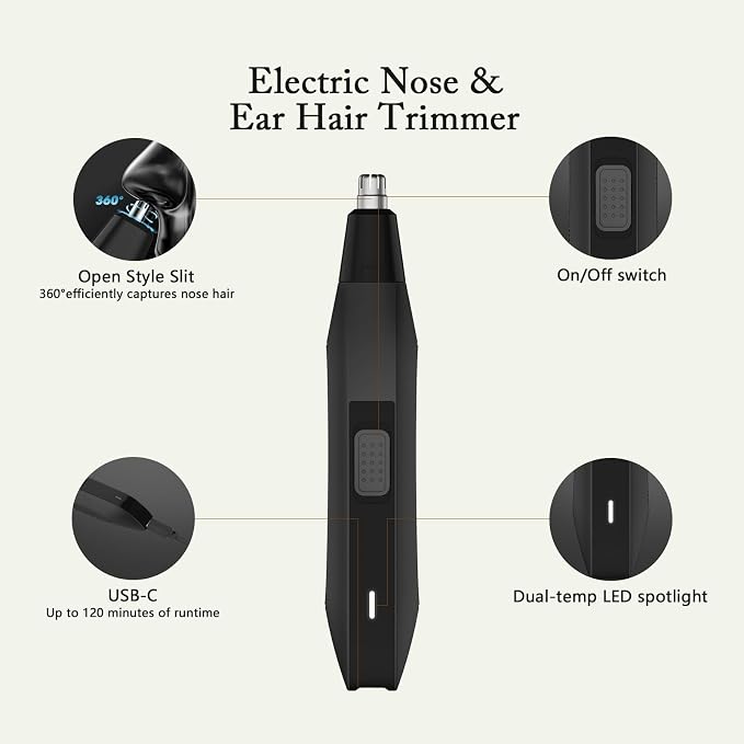Soonsell Men Painless Nose & Ear Hair Trimmer, Wet Dry Groomer | 8000RPM high-speed motor, painless trimming,Washable cutter head,Wet & dry dual-use, lightweight portable for men