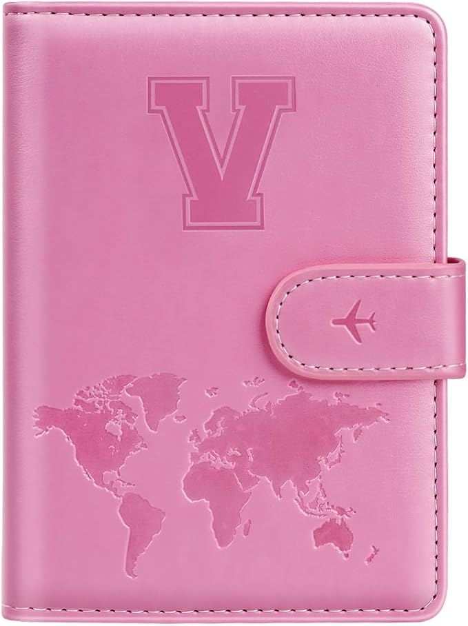 Passport Holder Cover Initial Letter A-Z Travel Wallet Personalized | Travel Essentials, Embossed Design, RFID Blocking, Personalized Gift, Passport Book Holders for Women and Girls, Pink-V