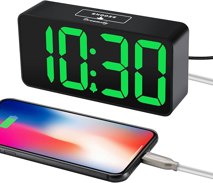 DreamSky Small Digital Alarm Clock for Bedroom with Large Big Numbers | Electric Bedside Desk Clock with USB Charging Port, Brightness Dimmer, Adjustable Alarm Volume, USB-C Adapter Powered