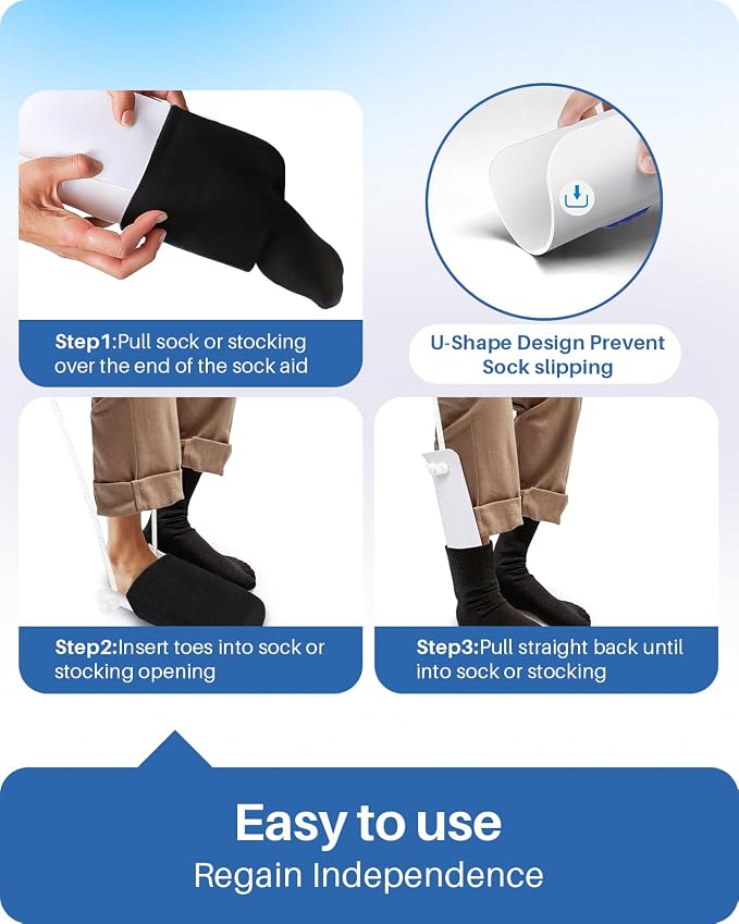 Jellas Sock Aid for Putting On Socks Kit,4.6 Inch Sock Helper for Seniors | Flexible Long Rope Design, Easy Put On Take Off Socks, Comfort Independence Helper, White