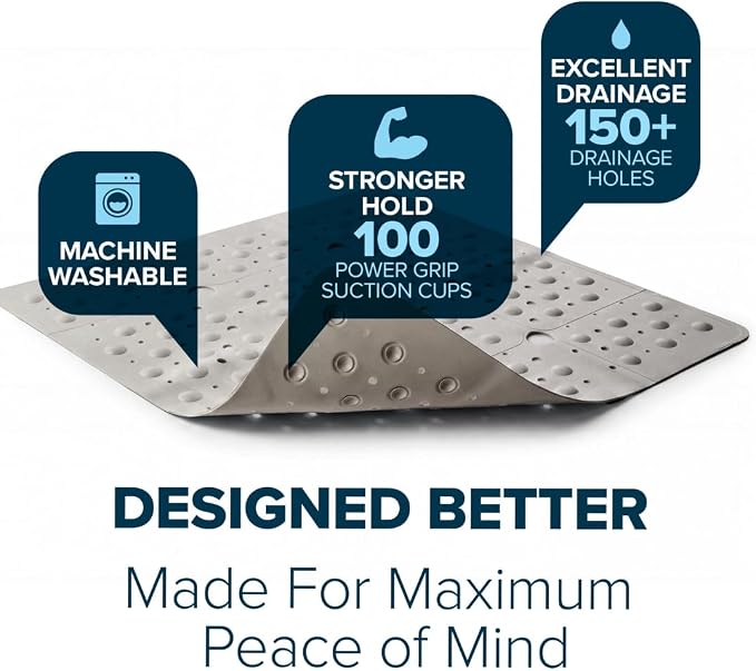 SlipX Solutions 27" Oversize Square Shower Mat, Non-Slip Mat for Elderly & Kids, 100+ Power Grip Suction Cups for Smooth Surfaces, Machine Washable, Solid Tan
