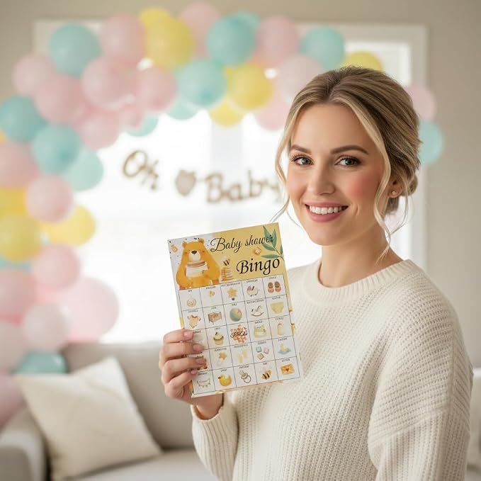 Baby Shower Bingo Game Cards Set for Guests Adults, Honey Bear Baby Shower Party Bingo Game Gender Reveal Bingo Game for Family Friends Large Group Activity, Favors Supplies Decorations
