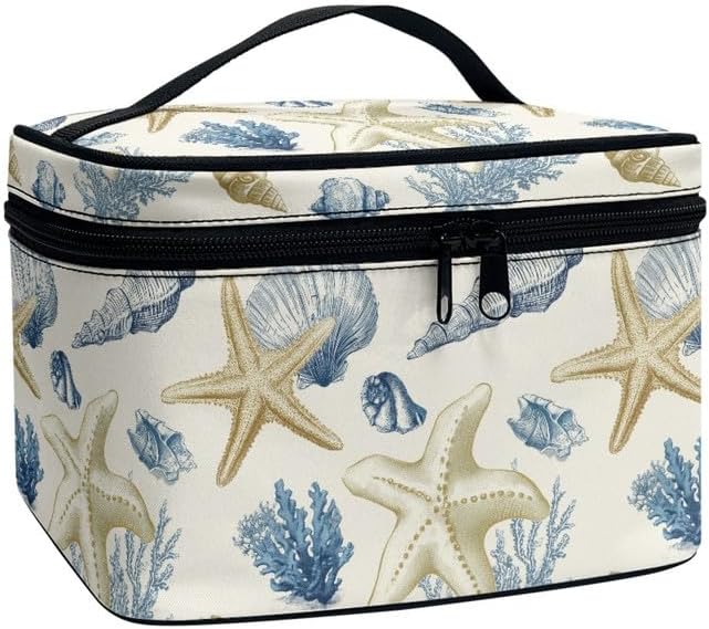 Seashells Starfish Travel Makeup Bag Toiletry Bags for Women, Hand Drawn Sea Life Portable Large Capacity Cosmetic Pouch Brush Storage Organizer