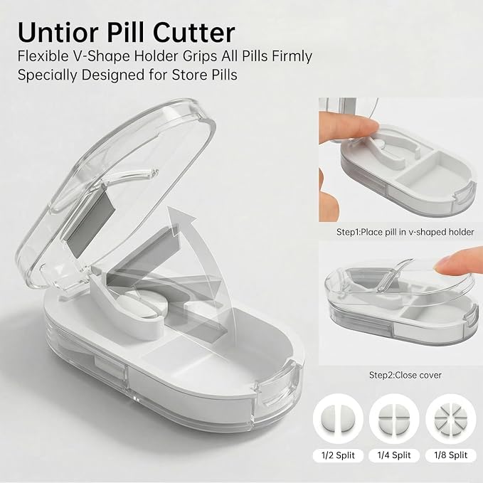 Pill Cutter Splitter for Small or Large Pills, Portable Pill Splitter with Hidden Professional Organizer and Brush, Tablet Cutter Medicine Slicer, Coupe Pilule for Tablets and Vitamins(Clear)