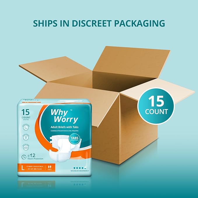 WhyWorry Adult Diapers with Tabs, Maximum Absorbency, Large, 15 Count | Disposable Incontinence Briefs, for Women & Men, Leak-Proof Diaper, Overnight Protection, Odor Control, Unisex