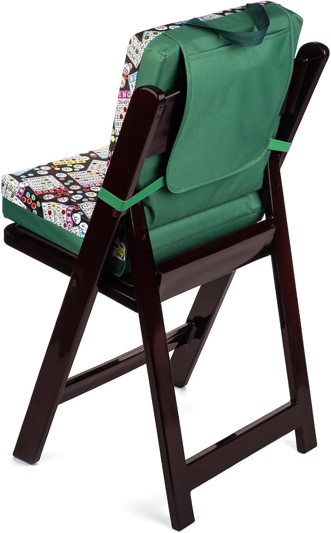 Classic Bingo Pattern Seat Cushion – Extra Thick 3” Bingo Pillow with Strap, Storage Pouch & Handles – Comfortable Folding Chair Cushion for Bingo Nights (Green)
