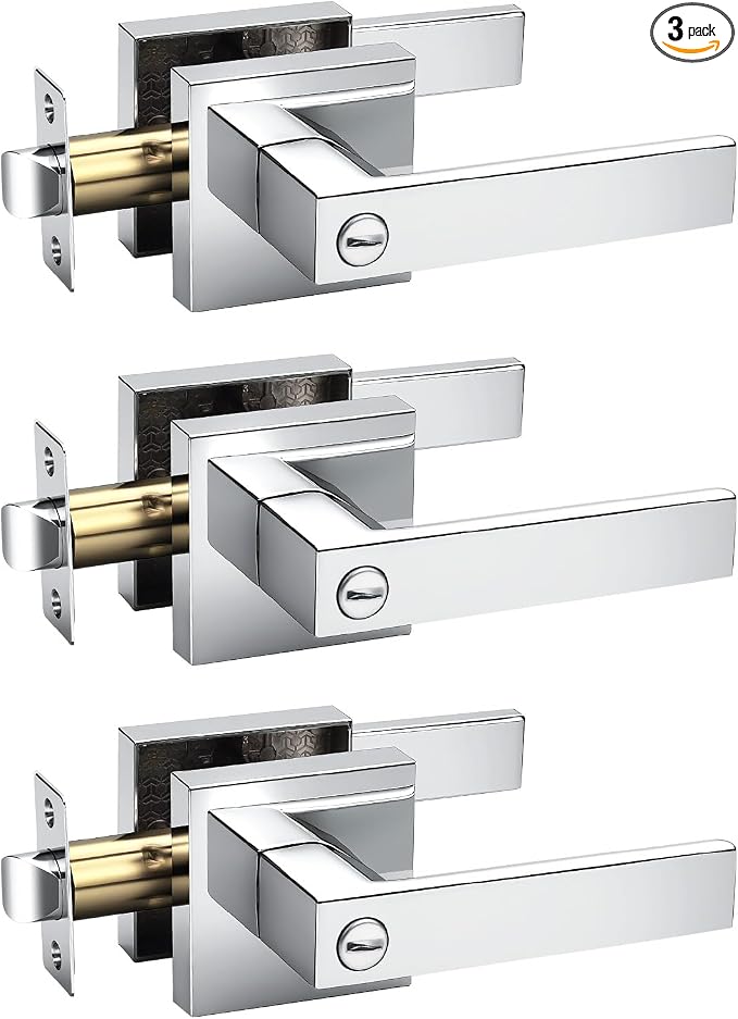 KNOBWELL 3 Pack Interior Door Knob with Lever Bathroom Bedroom Door Handle with Lock Polished Chrome‌ Square Handleset