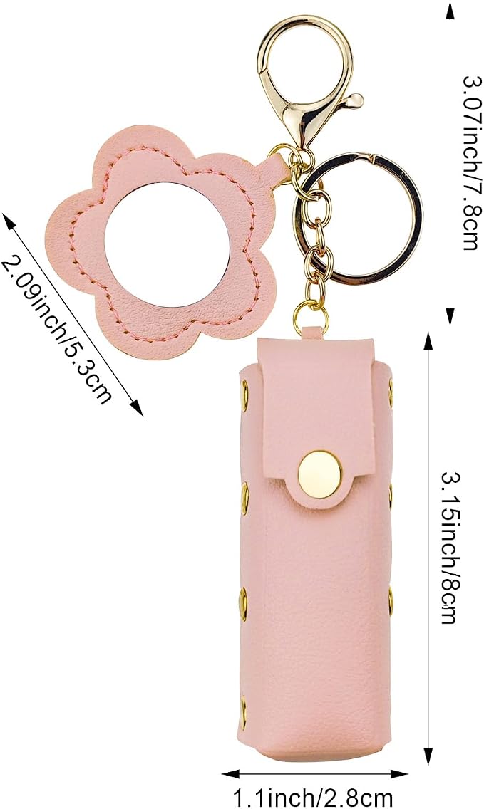 Arvintas 4 PACK PU Leather Potable Chapstick Holder Key Chain Bulk with Mirror, Lipstick Keychain, Lip Balm Organizer Holder Lipstick Travel Makeup Storage Case for Women Girls (Style 3)