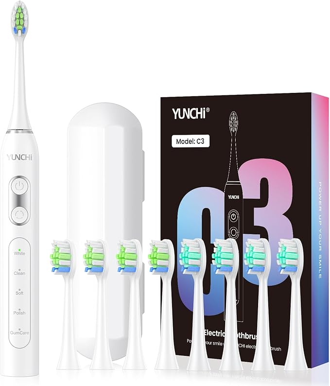 YUNCHI Electric Toothbrush Birthday/Valentine Plastic 8 Dupont Heads 24-Mo Deep Cleans Gentle Gums Removes Stains 3Hr USB-C 90d 2-Min Timer/30s IPX7 - White