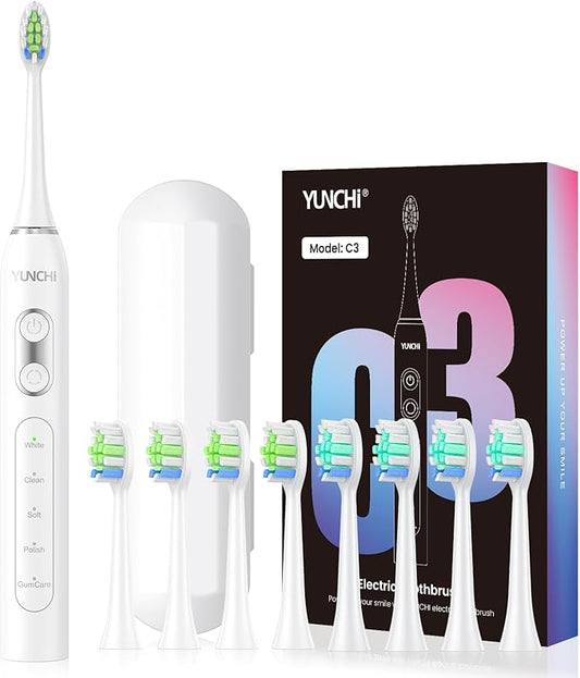 YUNCHI Electric Toothbrush Birthday/Valentine Plastic 8 Dupont Heads 24-Mo Deep Cleans Gentle Gums Removes Stains 3Hr USB-C 90d 2-Min Timer/30s IPX7 - White