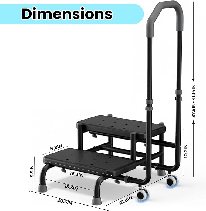 2 Step Stool with Handle & Wheels for Seniors, 400 lbs Capacity, Heavy Duty Step Stool for Bed, Adjustable 5-Level Handrail, Non-Slip Wide Steps, for Grandpa